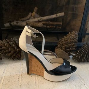 Black and White Patent and Leather Wedge with Cork Detail. Size 10.
